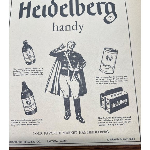 Heidelberg Handy Beer Brewing Vintage Print Ad 1954 Tacoma WA Stubble Bottle - Picture 3 of 4